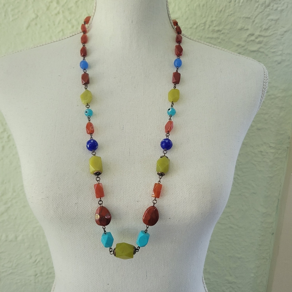 Vtg Multicolored Art Glass & Metal Bead Long Necklace Lampwork Bead 38" Boho